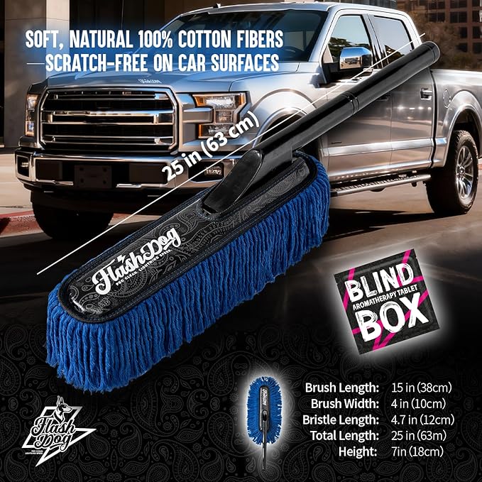 Flash Dog Car Duster Exterior Scratch Free, Waterless Cleaning Brush for Car Truck RV Boat, Gifts for Men Women, Storage Bag & Air Freshener - Wooden Handle Wax Cotton Duster
