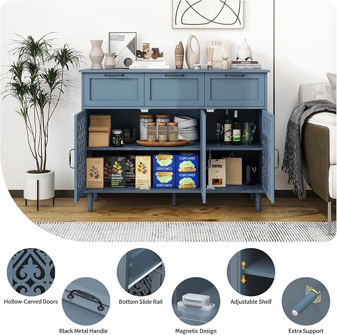 Blue 3 Doors 3 Drawers Buffet Sideboard Cabinet - Accent Cabinet with Adjustable Shelves，47 Inch Wide Wood Storage Cabinets for Dining Room,Living Room and Kitchen