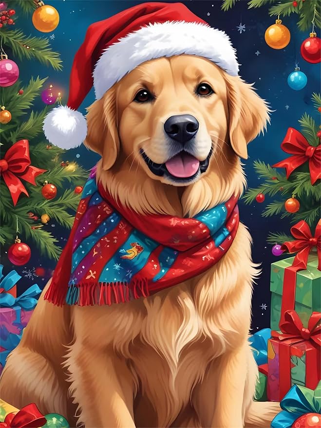QZOTRXI 5D Dog Santa Hat Diamond Painting Kits for Adults, Full Drill Diamond Art Gift, DIY Christmas Dog Gem Pictures Paint Diamond Art Craft for Home Wall Decor 20x24 Inch