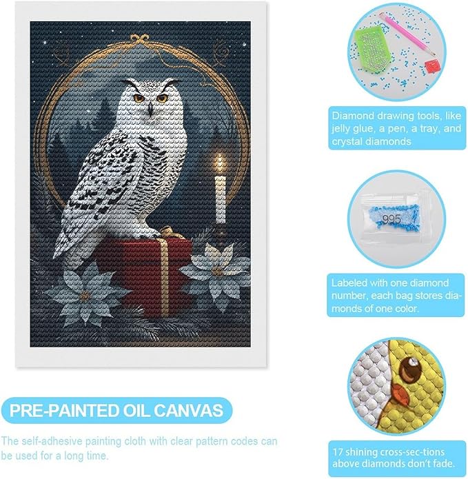 KIVJMSIDJA Diamond Art Kits for Adults Snowy Owl & Candle Glow - Winter Night Scene DIY Round Diamond Art for Home Wall Decor & Crafts Gifts 8"x12"