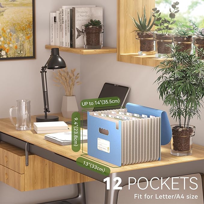 EcoStash Accordion File Organizer, 12-Pocket Wheat Straw Expanding File Folder, Portable Monthly Bill & Tax Receipt Organizer, Letter/A4 Size Document Holder with Colorful Tabs-UN Blue