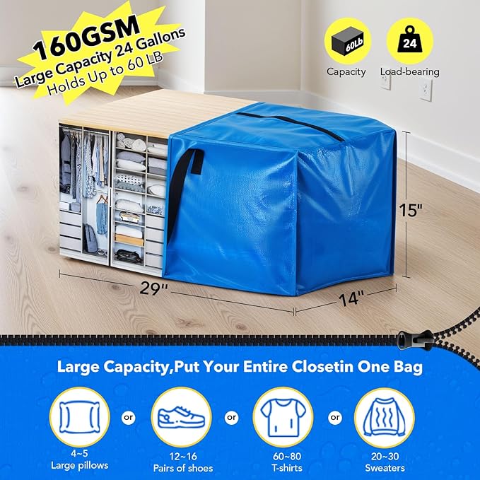 Moving Bags Heavy Duty,Extra Large Moving Bags for Travel/College Packing/Storage/Organization/Seasonal Clothes & Bedding Storage,Moving Supplies Bins,Compatible with Ikea Frakta Cart (Blue,8 Pack)