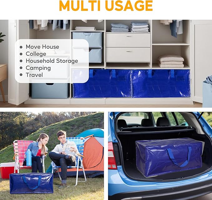 4 Pack Oversized Heavy Duty Moving Bags with Backpack Straps, Strong Handles & Zippers, Extra Large Storage Tote Moving Boxes for Space Saving, Blue