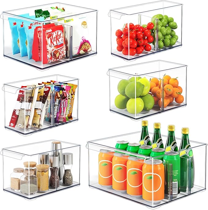 Clear Plastic Storage Bins with Dividers for Fridge Pantry Organizers and Storage Containers, 6 Pack Acrylic Stackable Sturdy Storage Boxes for Home Edit and Cabinet Organizers 6" High, C6-3