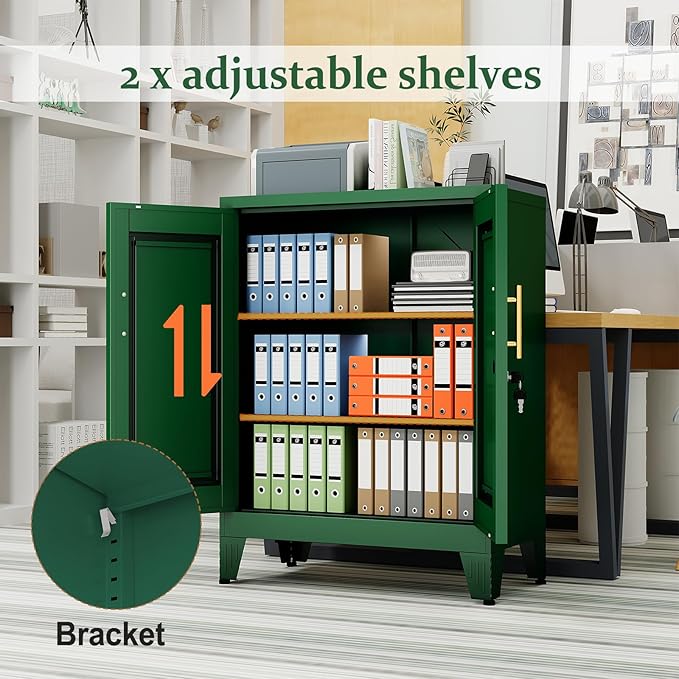 Green Metal Storage Cabinet, 36" Tall Locking Storage Cabinet with 2 Adjustable Shelves, Steel Locker Organizer, for Office, Home, School, 2PS