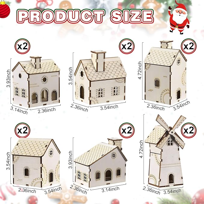 Hiboom 12 Pcs DIY Christmas Village Sets Wood Gingerbread Houses Christmas Mini Wooden House Gift for Winter Xmas Party Crafts Decorations