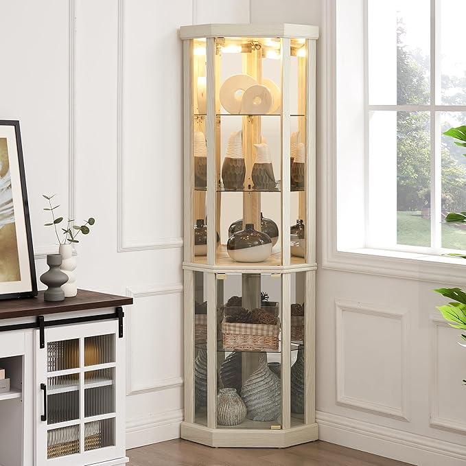 69" H Lighted Curio Cabinet Corner Display Case,Corner Glass Cabinets with Tempered Glass Door and Adjustable Shelves,Wooden Curio Cabinet with Mirrored Back Pane(Style 1 - Antique White)