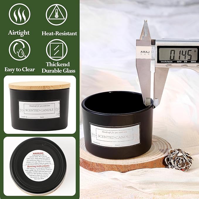 CONNOO 15 Pack 4 OZ Matte Black Glass Candle Jars with Airtight Bamboo Lids for Making Candles, Bulk Small Wide Mouth Empty Candle Containers with Sticky Warning Labels - Dishwasher Safe