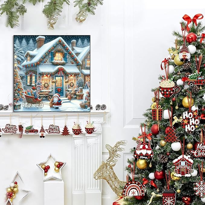 Accompany Wind Christmas Diamond Art Kits for Adults, Winter Christmas House Diamond Painting Kits, 5D Round Drill Diamonds Gem Art Crafts for Home Wall Decor Gifts 14x14 Inch