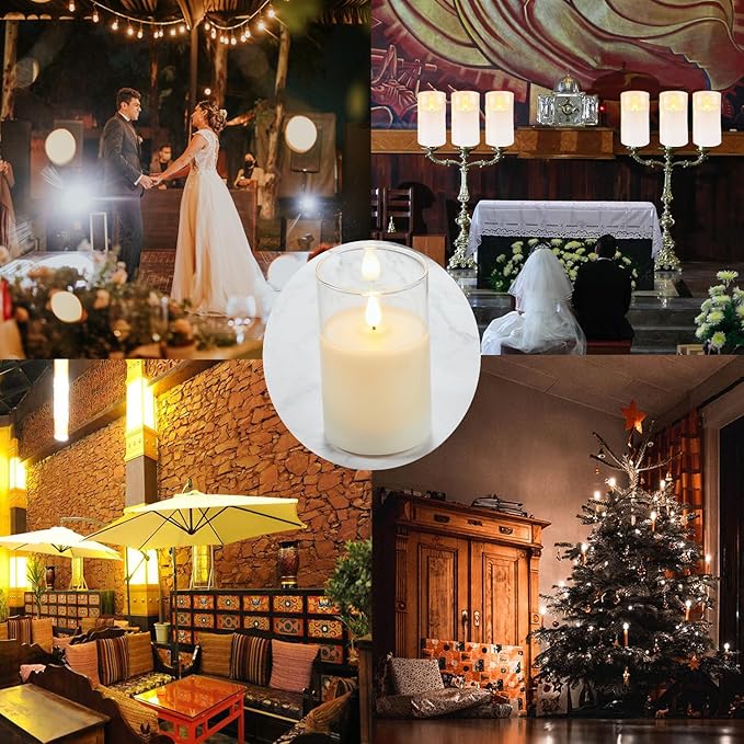 Flickering Flameless LED Candles, Battery Operated with 3D Wick, Last 1000+ Hours, Remote & Timer, Rechargeable Real Wax White Glass, Home Decor /3" x 4"