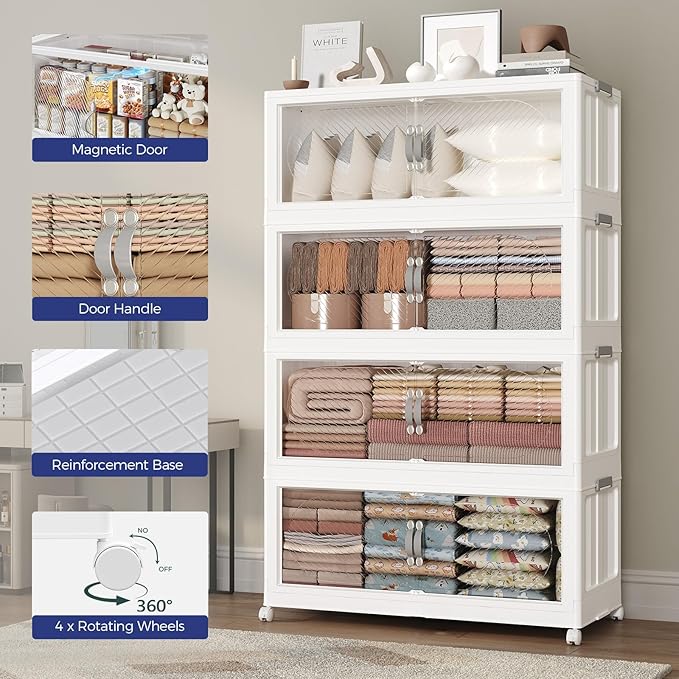 200GAL Plastic Storage Bins with Lid, 800QT Extra Large Stackable Closet Organizers and Storage, Collapsible Storage Boxes with Wheels, Folding Cabinet for Home Kitchen Office, 5Pack White