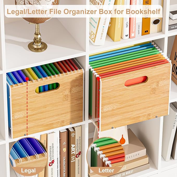 Sbanmao Letter/Legal Bamboo Acrylic File Box Organizer, Hanging File Folder Storage Boxes, Decorative Document Crate Transparent Filing Bin with Handle for Home Office Desk