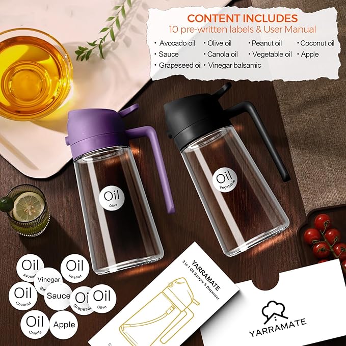 YARRAMATE 2Pcs 16oz/470ml Glass Olive Oil Sprayer for Cooking with Stickers, 2 in 1 Oil Dispenser for Kitchen Gadgets, Food Grade Premium Spray Bottle with Portion Control for Salad, BBQ(Black&Purple)