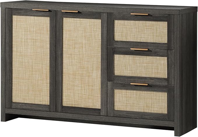 OAKHAM HOME Kitchen Storage Cabinets, Buffet Cabinet with Storage Rattan Sideboard Cabinet Organizer 3 Drawers and 2 Doors Accent Console Table for Kitchen Hallway Living Room bar (Midnight Oak)