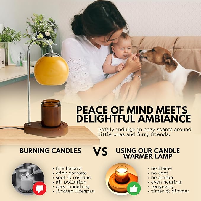 Modern Candle Warmer Lamp with Timer and Dimmer, Dimmable Electric Candle Lamp Warmer, Wax Melt Warmer, Glass with Wood Base, Home Decor Gifts 2 Bulbs Included (Brown and Stained Wood Base)