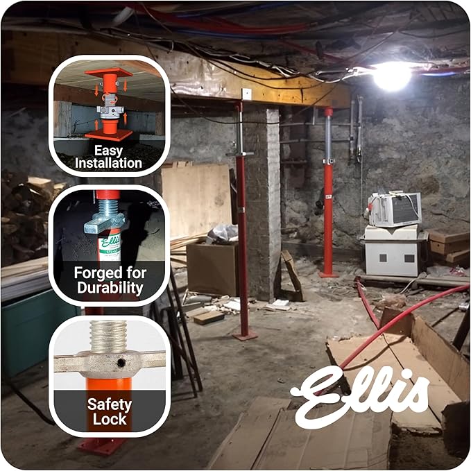 Ellis Manufacturing Light-Duty Steel Construction Jack - Adjustable Screw Jack Post for Floor Leveling, Beams, and Concrete - 5,000 lb Load Capacity - 85"-109" Adjustment, House Jacks for Leveling