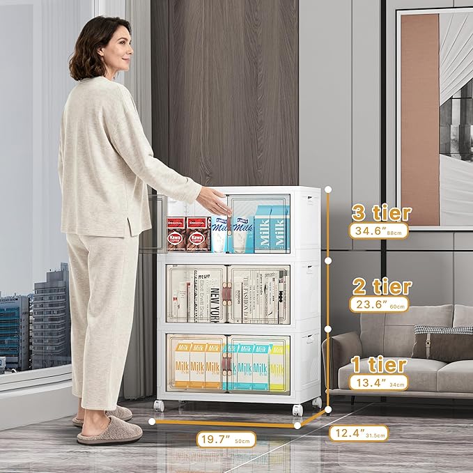 Stackable Storage Bins with Lids, 312QT Closet Organizers and Storage with Doors and Wheels, Extra Large Storage Cabinet, Collapsible Plastic Drawers for Bedroom Dorm Office Garage