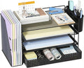 ECOLOVI Desk Organizer, 4-Tier Paper Organizer Letter Tray with File Holder, Drawer and 2 Pen Holders, Desktop File Organizer for Office Supplies, Workspace Storage, Black