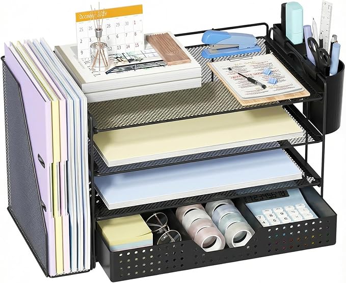 ECOLOVI Desk Organizer, 4-Tier Paper Organizer Letter Tray with File Holder, Drawer and 2 Pen Holders, Desktop File Organizer for Office Supplies, Workspace Storage, Black