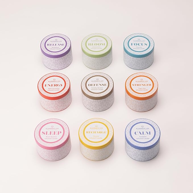 Luxury Candle Tin, 4 OZ, Focus - Fluorite Crystal Infused - Scents of Orange, Ginger, Ylang-ylang, & Lavender - Awareness, Mental Order, & Clarity - Coconut Wax Blend, Essential Oils