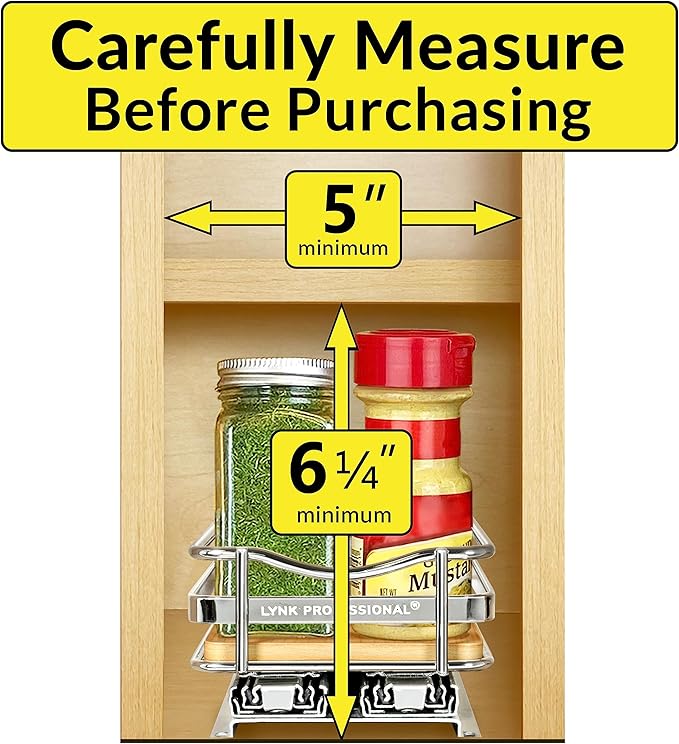 LYNK PROFESSIONAL® Élite™ Pull Out Spice Rack Organizer for Inside Kitchen Cabinets - 4-3/8 inch Wide - Slide Out Drawer – Wood/Chrome Sliding Spice Organization for cabinet - Spice Racks - 1 Tier