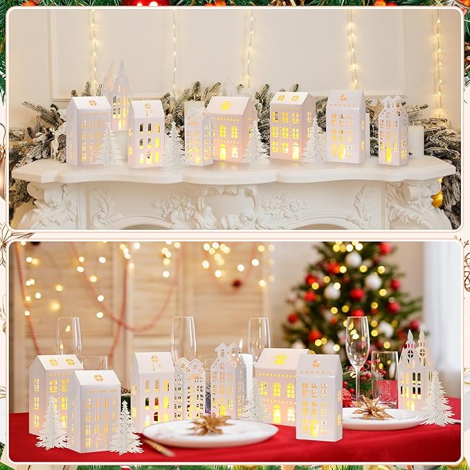 Reallnaive 20 Pcs Large 8" Christmas Cardboard Village Houses Set Xmas DIY Village Houses with LED Candle Paper Home and Tree Figurine Scene Desktop Ornament for Home Party Decor(Retro,White)