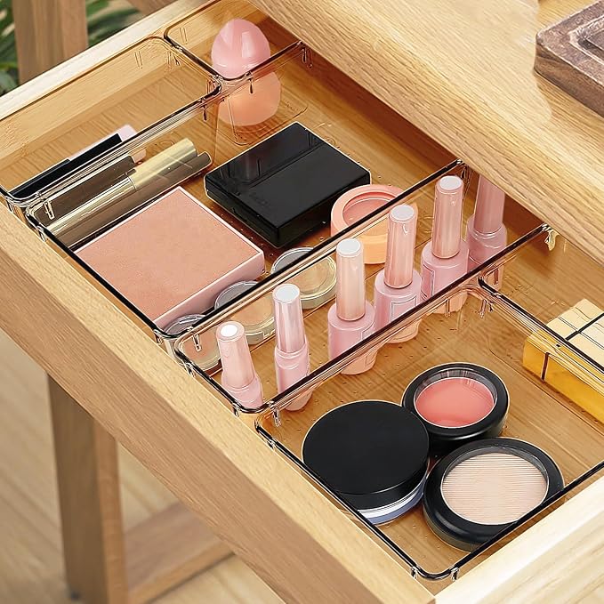 StorMiracle 16 PCS Drawer Organizer Set, 5 Varied Size Bathroom and kitchen Drawer cabinet organizer Trays, Clear Storage Bins for Makeup, Jewelry, Utensils and Gadgets, Champagne