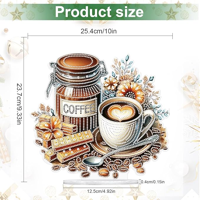 antor DIY Diamond Painting Desktop Ornament Coffee, 10x9.3in Acrylic Special Shape Diamond Art Kit Ornaments with Stand, Coffee and Chocolate Design, Tabletop Decoration for Home Crafts Gifts