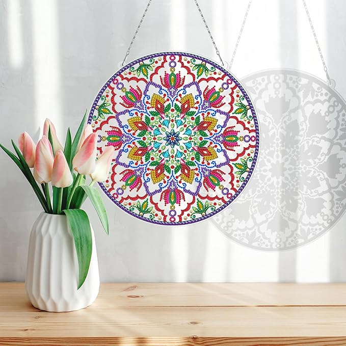 5D Diamond Art Painting Mandala Hanging Signs with LED Light String DIY Mandala Diamond Dots Hanging Ornament Special Shaped Rhinestones Paint by Number Embroidery Kits for Home Wall Front Door Decor
