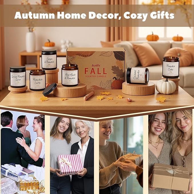 Auelife Scented Candles - Pumpkin Candle Set of 6 | Ginger, Apple, Cake, Caramel, Latte & Spiced Pumpkin Soy Candles | Holiday Candle for Home Décor & Gifts for Women, Cozy Holiday Aromatherapy