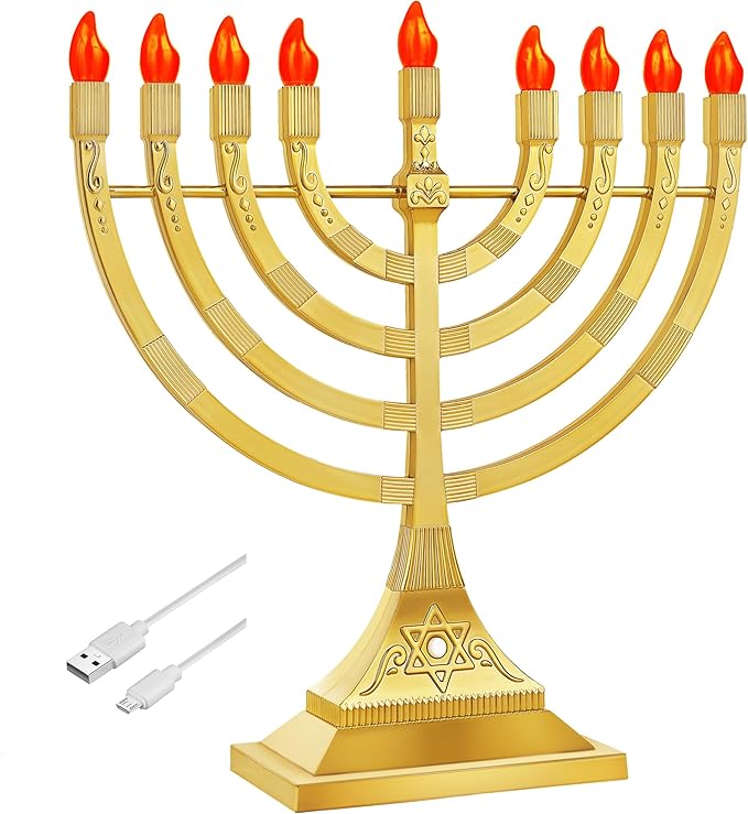 Zion Judaica Glossy Gold Electric Hanukkah Menorah LED Bulbs - Batteries or USB Powered - 4' Cable Included Battery Hanukkiah Chanukah Lights