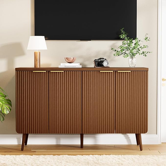 47.2" Sideboard Buffet Cabinet with Storage, Modern Fluted Accent Credenza with 4 Doors, Buffet Media Console Entryway Cabinets with Adjustable Shelves for Living Dining Room Hallway, Walnut