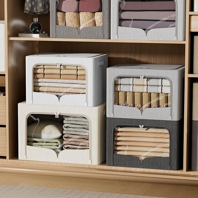 FHSQX 3 Pack Clothes Storage Bins Foldable Metal Frame Storage Box Extra Large Stackable Linen Fabric Organizer Set with Carrying Handles and Clear Window (Light Gray, 23.6x16.5x15.7inch(100L))