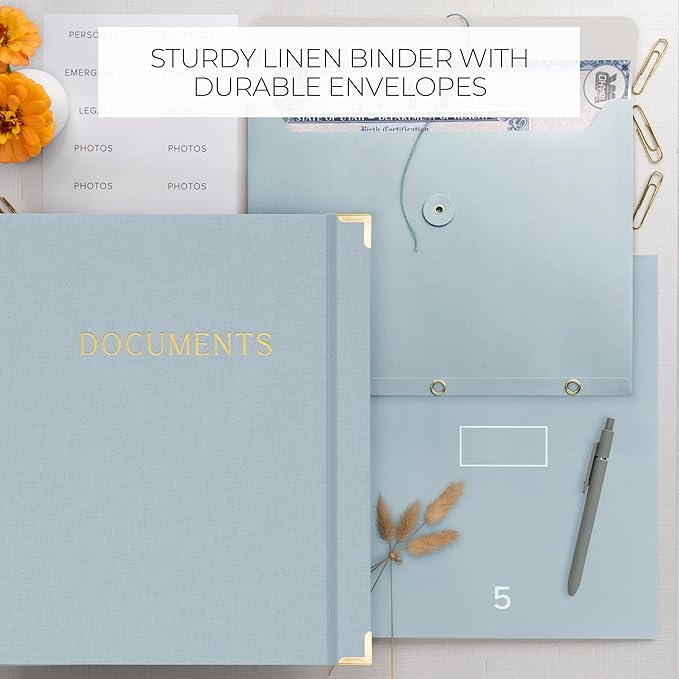 Sturdy Document Organizer Set with Folders - Beautiful Linen 3-Ring Binder Safely Stores All Important Documents & Files in One Place - Easy to Use Expanding Storage Incl. Envelopes, Pockets & Labels