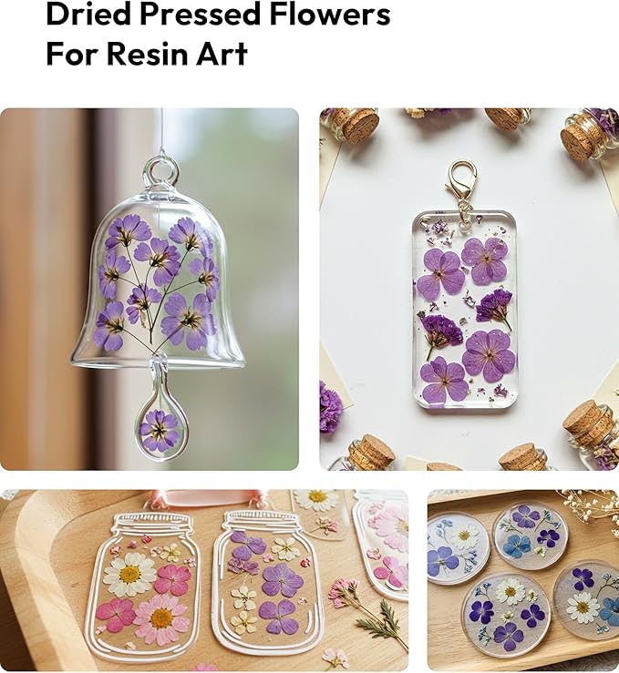 Dried Flowers, Resiners 58Pcs Pressed Flowers for Craft Purple Real Natural Dried Flowers Dry Leaves Kit for DIY Making Crafts Resin Soap Candle Scrapbook Supplies Card Making Jewelry