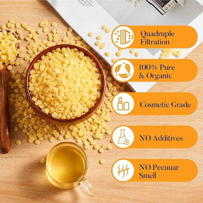Crenovo Yellow Beeswax Pellets 1 LB, 100% Pure Natural Triple Filtered Beeswax for Candle Making, DIY Lip Balm and Skin Care, Cosmetic Grade Beeswax for Lotion, Soap, Body and Hair Care DIY Creams