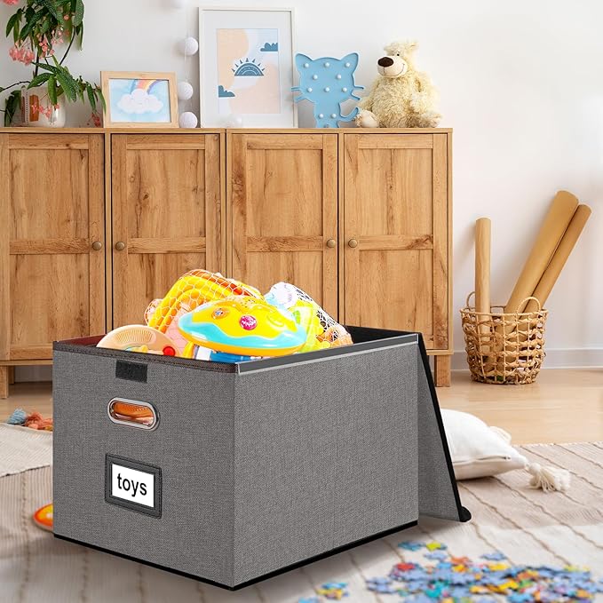 Huolewa File Organizer Box with Lid, Collapsible File Folder Organizer for Office Document Storage, Filing Box with Plastic Slide for Letter Size Hanging File Folders(1 Pack, Smoky Grey)