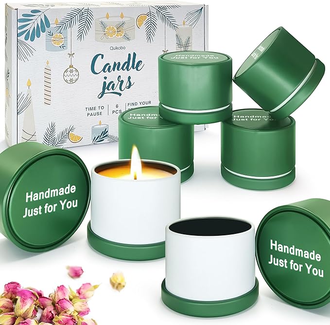 Quikobo 6 Pack 4oz Green Candle Tins with Lids - Durable Matte Tinplate Containers for DIY Candle Making and Multi-Purpose Storage