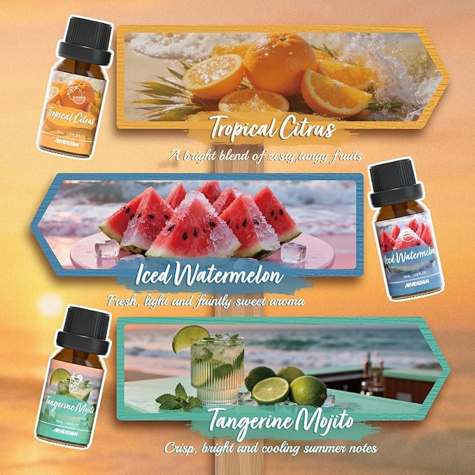 ARVIDSSON Hawaii Fragrance Oil Set, Summer Essential Oils for Diffuser, Tropical Scent Oils - Sunset Breeze, Coconut Coast, Gild Pineapple, Tropical Citrus, Iced Watermelon, Tanderine Mojito,