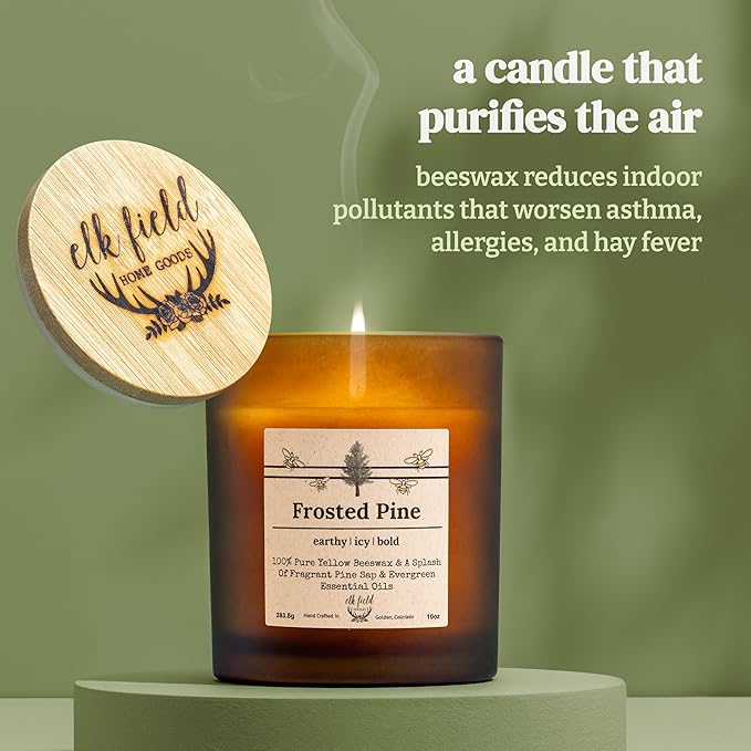 Frosted Pine Organic Beeswax Candle | 2 Ingredients | 100% Pure Beeswax Candles, Non Toxic, Natural, Organic Candles, Beeswax Candles Scented, Non Toxic Candles, 80 Hour, 14oz