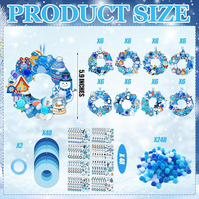 Hollowfly 48 Sets Winter Wreath Craft Kits DIY Snowflake Wreath Ornaments Decorations Make Your Own Snowman Stickers Craft for Home Winter Party Favors Activities