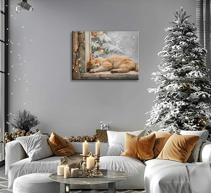 Paint by Number Kit for Adults & Kids, Christmas Sleeping Cat by Window 16x20 Inch, DIY Acrylic Painting Kit with Brushes & Paints, Holiday Art Decor for Home Framed