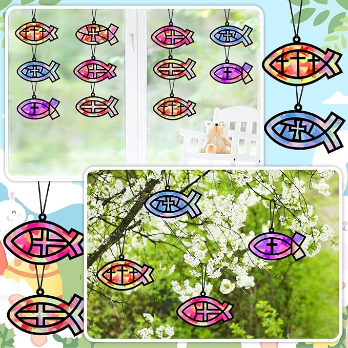 Qyeahkj 36 Set Christian Jesus Cross Fish Suncatchers Crafts for Kids DIY Religious Faith Fish Window Tissue Paper Craft Kit VBS Hanging Decor for Summer Sunday School Home Activity Church Art Project