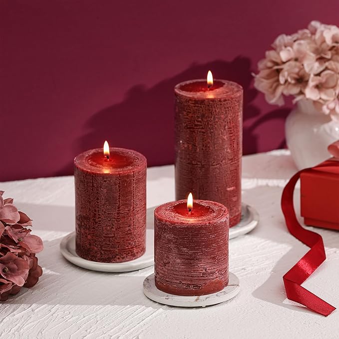 3x3 Inch Burgundy Pillar Candles Set of 3 - Hand-Poured Unscented Candles, Long Clean Burning, Dark Red Pillar Candle, Smokeless Dripless Candle for Dinner Table, Wedding, Home, Rustic Decor