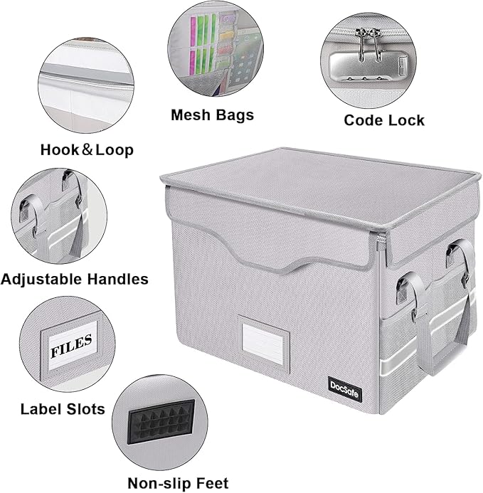 DocSafe Fireproof Document Box with Lock,File Storage Organizer with Pockets,Collapsible Portable File Box Home Office Safe Filing Cabinet with Handle for Hanging Letter/Legal Folders,Silver,2 Pack