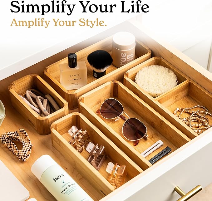 SMIRLY 5-Piece Bamboo Kitchen Drawer Organizer Set for Large and Small Utensils, Multi-use Storage Box - Bathroom, Nightstand, Jewelry, Cutlery, Knife, Spice, Towel, Junk Drawer Tray (Pack of 2)
