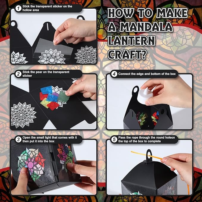 Simgoing 24 Sets Mandala Crafts with LED Candle Light Mandala Flower Tissue Paper Crafts Kits DIY Your Own Suncatchers Lanterns Hanging for Home Birthday Party Decoration Gifts Art Activities