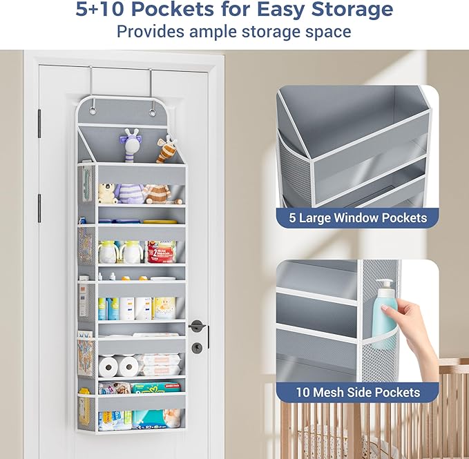 COOLBEBE Over the Door Organizer, 5-Shelf Door Organizer Hanging with10 Side Pockets, 44LB Behind the Door Organizer for Bathroom Bedroom Closet and Baby Essentials (1PC, Grey)