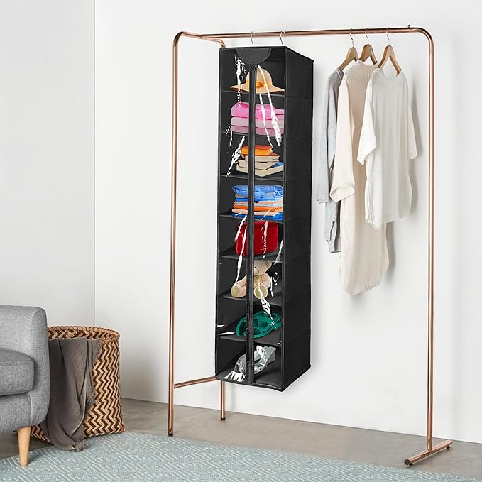 Coastal Rose 8 Tier Clear PVC Hanging Organizer With Zipper, Sweater Storage Shelves With Cover, Shoe Organizer for Closet, Black