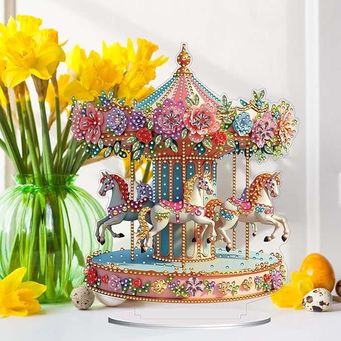 ARTopet DIY Diamond Desktop Ornament PET Irregular Shape Special Shaped Crystal Double Sided Pattern Single Sided Diamond Art Painting Tabletop Home Ornaments Decor (Carousel)